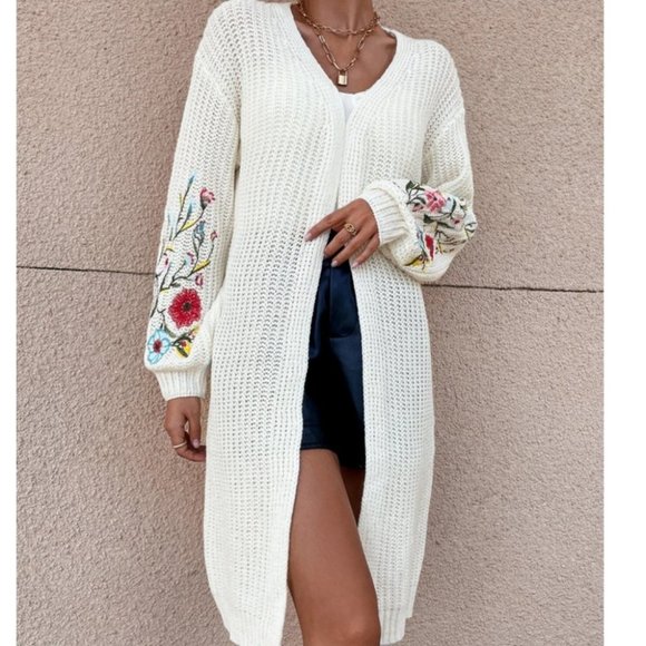 Floral Embroidered long sleeved open front knit Duster sweater Cardigan - Picture 3 of 7